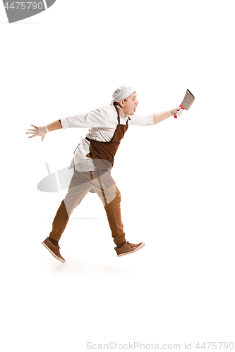 Image of Smiling butcher posing with a cleaver isolated on white background