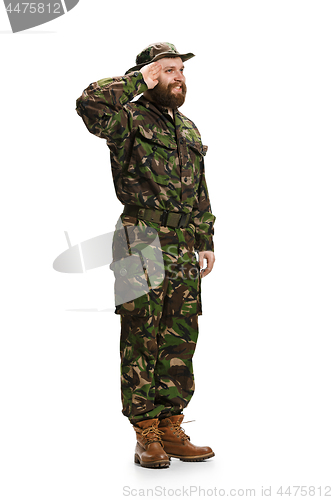 Image of Young army soldier wearing camouflage uniform isolated on white