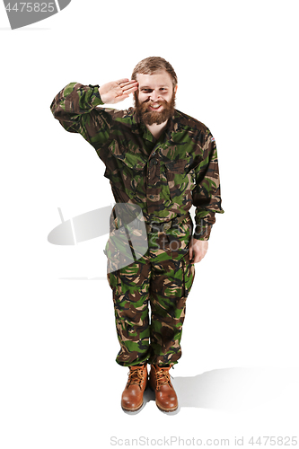 Image of Young army soldier wearing camouflage uniform isolated on white