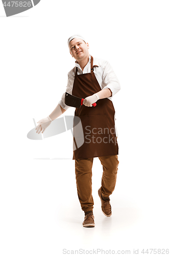 Image of Smiling butcher posing isolated on white background