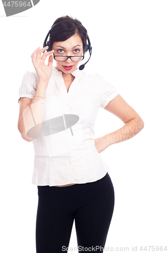 Image of Beautiful young call-center assistant smiling , isolated on white