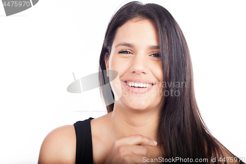 Image of Beautiful smiling woman with clean skin, natural make-up, and white teeth on white background