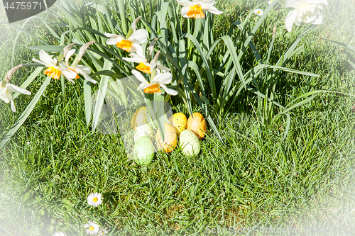 Image of colored Easter eggs hidden in flowers and grass