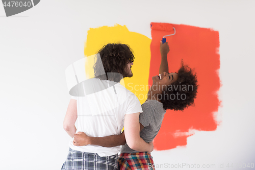 Image of multiethnic couple painting interior wall