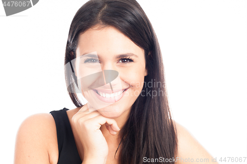 Image of Beautiful smiling woman with clean skin, natural make-up, and white teeth on white background