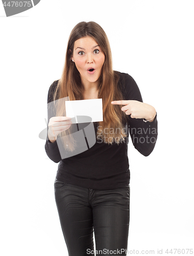 Image of Beautiful young woman showing blank signboard