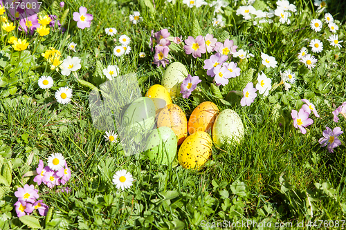 Image of colored Easter eggs hidden in flowers and grass