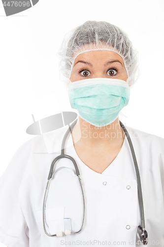 Image of young woman doctor with stethoscope and mask