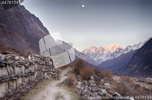 Image of Langtang valley moonrise over mountain