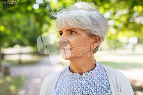 Image of portrait of senior woman at summer park