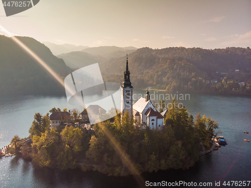 Image of Aerial view of island of lake Bled, Slovenia.