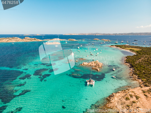 Image of Drone aerial view of catamaran sailing boat in Maddalena Archipelago, Sardinia, Italy.