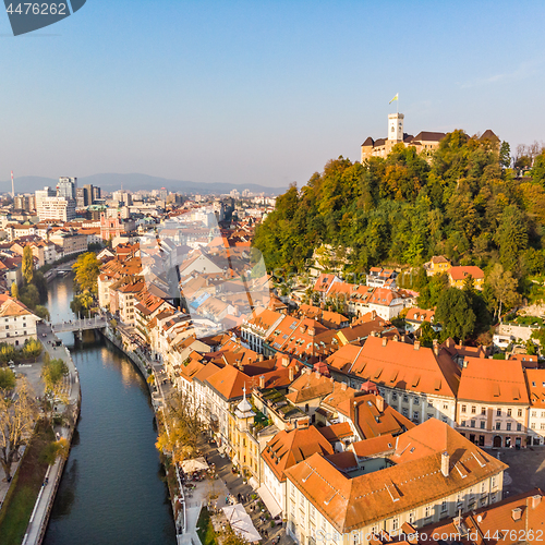 Image of Cityscape of Ljubljana, capital of Slovenia in warm afternoon sun.