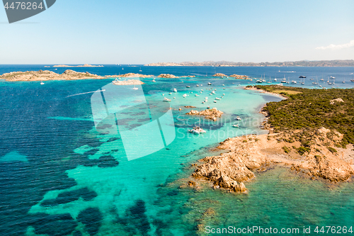 Image of Drone aerial view of Razzoli, Santa Maria and Budelli islands in Maddalena Archipelago, Sardinia, Italy.