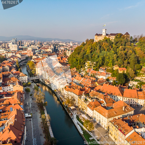 Image of Cityscape of Ljubljana, capital of Slovenia in warm afternoon sun.