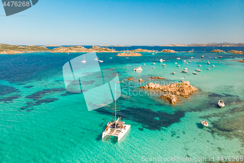 Image of Drone aerial view of catamaran sailing boat in Maddalena Archipelago, Sardinia, Italy.