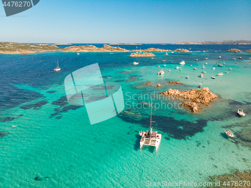 Image of Drone aerial view of catamaran sailing boat in Maddalena Archipelago, Sardinia, Italy.