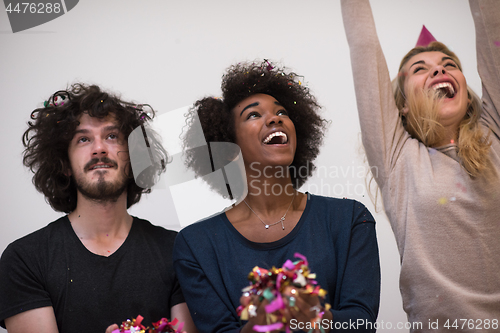 Image of confetti party multiethnic group of people
