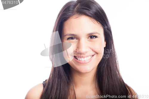 Image of Beautiful smiling woman with clean skin, natural make-up, and white teeth on white background