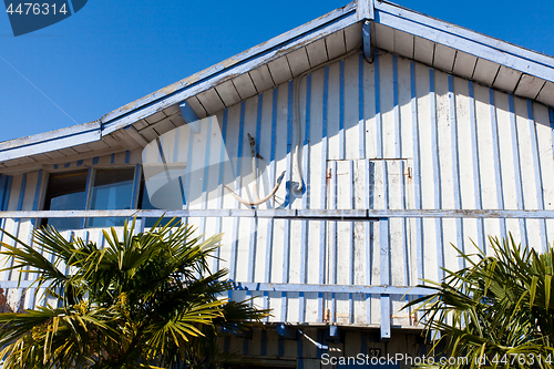 Image of typique colored wooden houses in biganos port in the Bay of Arcachon