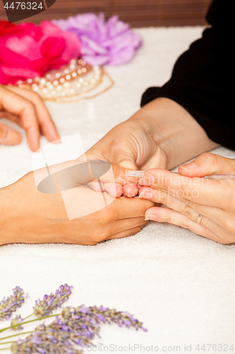 Image of Manicure of nails from a woman\'s hands before applying nail polish