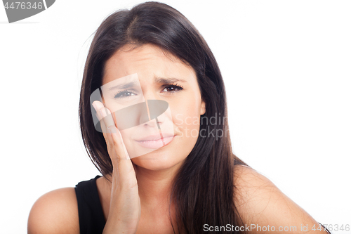 Image of closeup emotional portrait sad woman