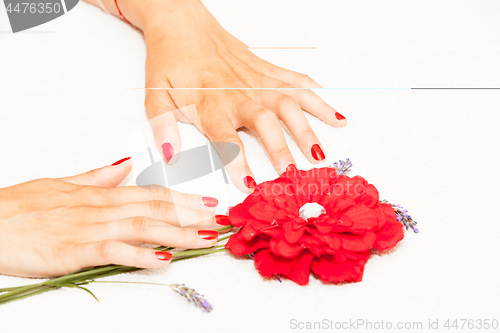 Image of Hands of a woman with red nail polish posed by an esthetician