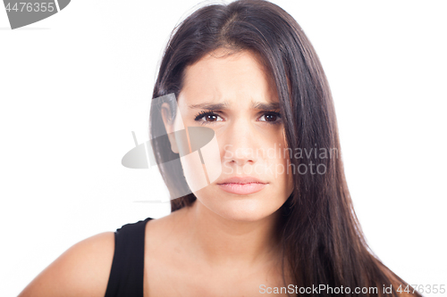 Image of closeup emotional portrait sad woman