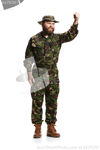 Image of Young army soldier wearing camouflage uniform isolated on white