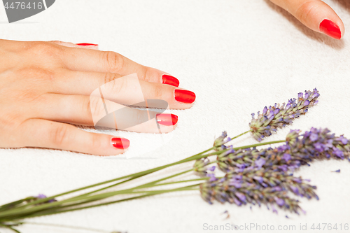 Image of Hands of a woman with red nail polish posed by an esthetician