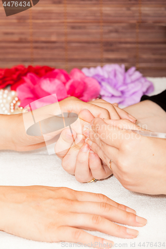 Image of Manicure of nails from a woman\'s hands before applying nail polish