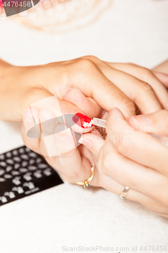 Image of The esthetician decorates with flowers the nails of the hands of the client