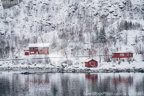 Image of Rd rorbu houses in Norway in winter