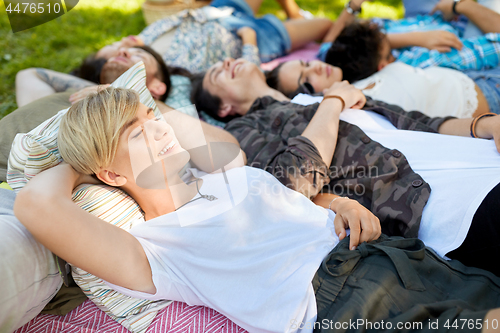 Image of happy friends chilling on picnic blanket at summer