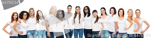 Image of group of happy different women in white t-shirts