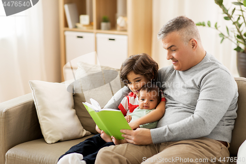 Image of happy father with sons reading book at home