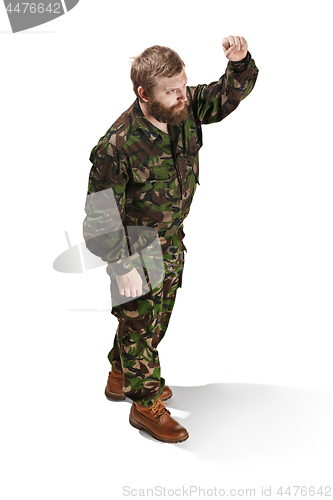 Image of Young army soldier wearing camouflage uniform isolated on white