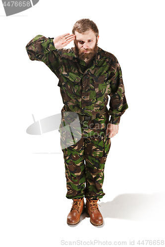 Image of Young army soldier wearing camouflage uniform isolated on white