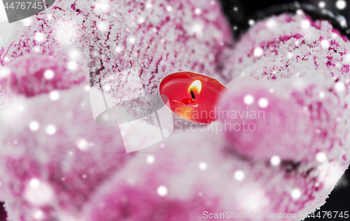 Image of close up of hands in winter mittens holding candle