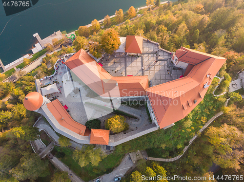 Image of Top down view of medieval castle on Bled lake in Slovenia in autumn.