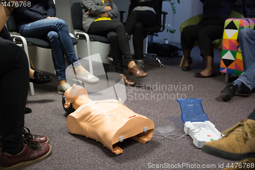 Image of CPR course using automated external defibrillator device, AED.