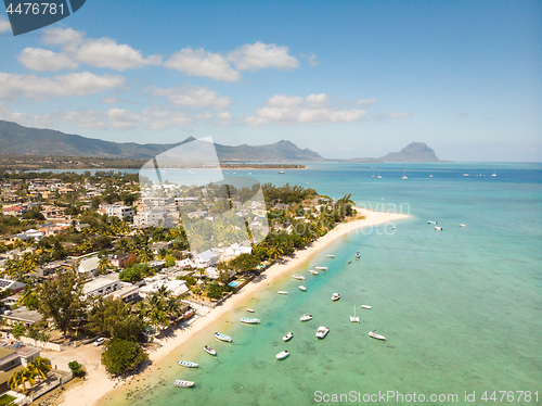 Image of Top down aerial view of tropical beach in Black River, Mauritius island.