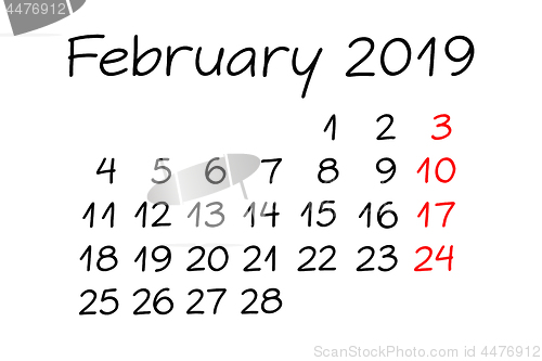 Image of February Year 2019 Monthly Calendar Handwritten