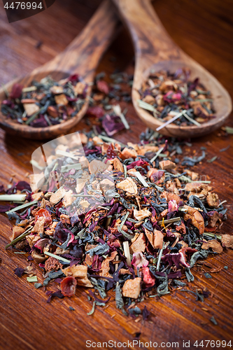 Image of Assorted dry tea on wooden background