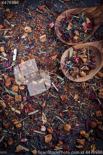 Image of Assorted dry tea on wooden background