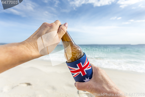 Image of Beach party holiday mode, open a cold beer on beach