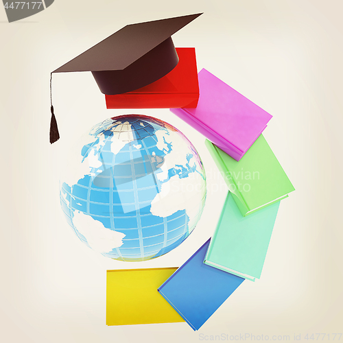 Image of Earth of education with books around and graduation hat. Global 