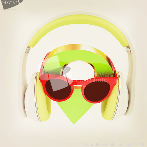 Image of Glamour map pointer in sunglasses and headphones. 3d illustratio