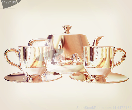 Image of Chrome Teapot and mugs. 3d illustration. Vintage style