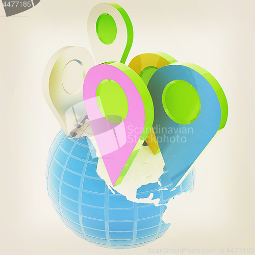 Image of Planet Earth and map pins icon. Earth globe and colorful map lab